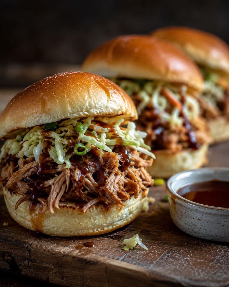 Three pulled pork sandwiches topped with coleslaw and barbecue sauce are arranged on a wooden surface, with a small bowl of extra barbecue sauce nearby.