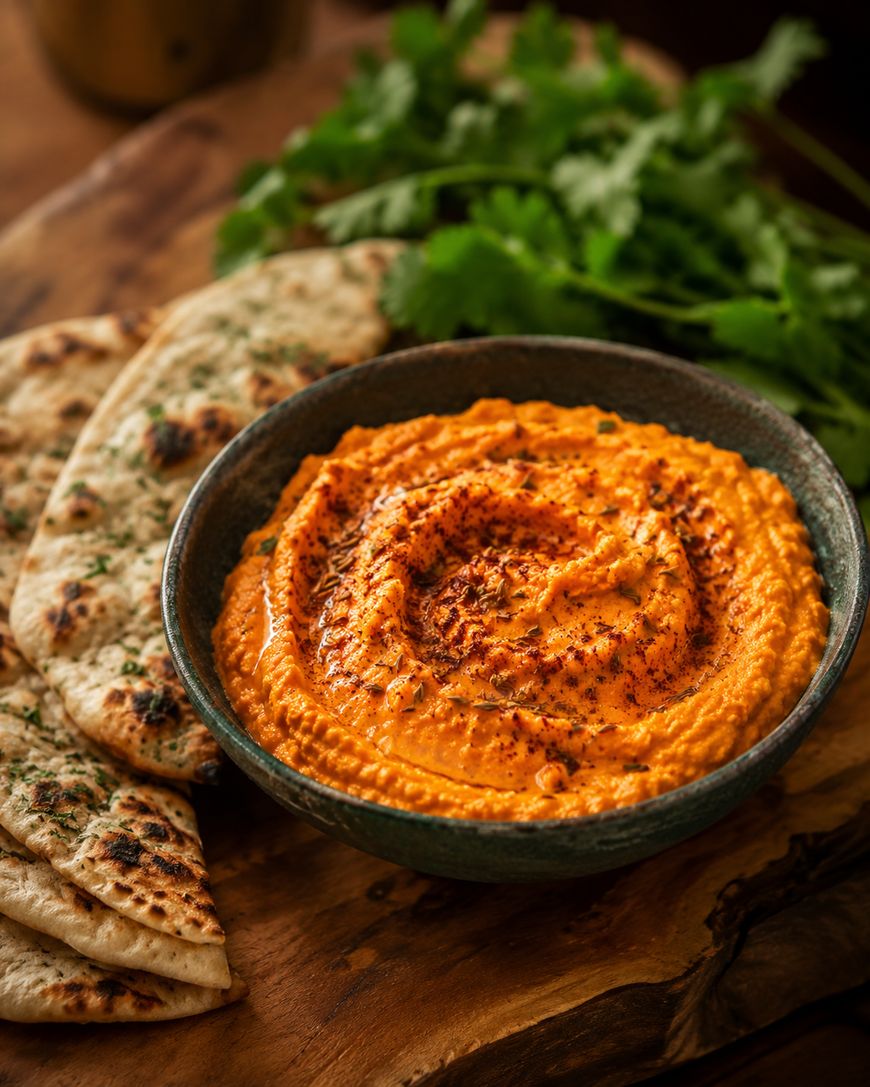 A bowl of creamy, orange-colored dip sprinkled with spices sits on a wooden board next to folded pieces of grilled flatbread and fresh cilantro.