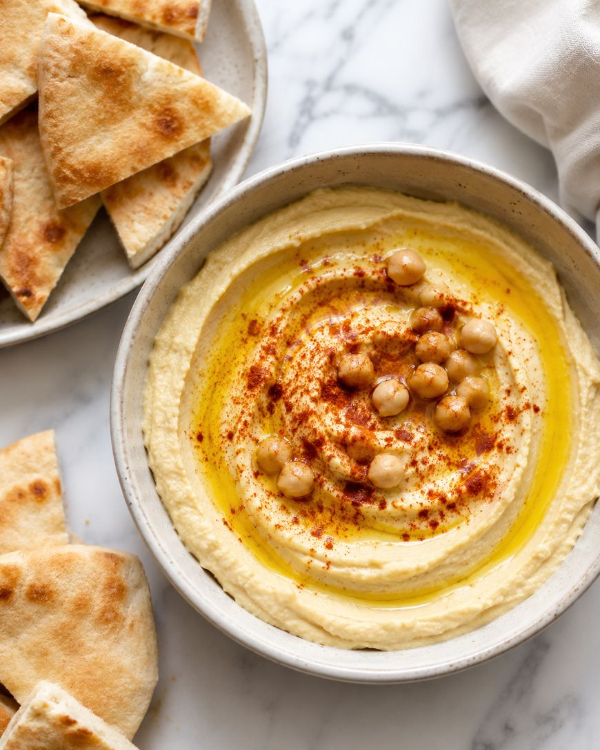 A bowl of hummus drizzled with olive oil, topped with whole chickpeas and paprika, sits beside a plate of sliced pita bread on a marble surface.