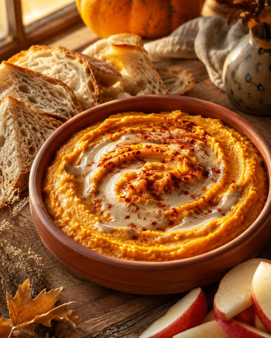 A bowl of pumpkin hummus garnished with a swirl of tahini and paprika, surrounded by slices of rustic bread and apple wedges on a wooden table with autumn decor in warm, natural light.