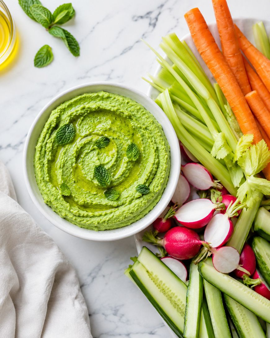 A bowl of green dip garnished with mint leaves is surrounded by fresh vegetable sticks, including celery, carrot, radish, and cucumber, arranged on a white marble surface.