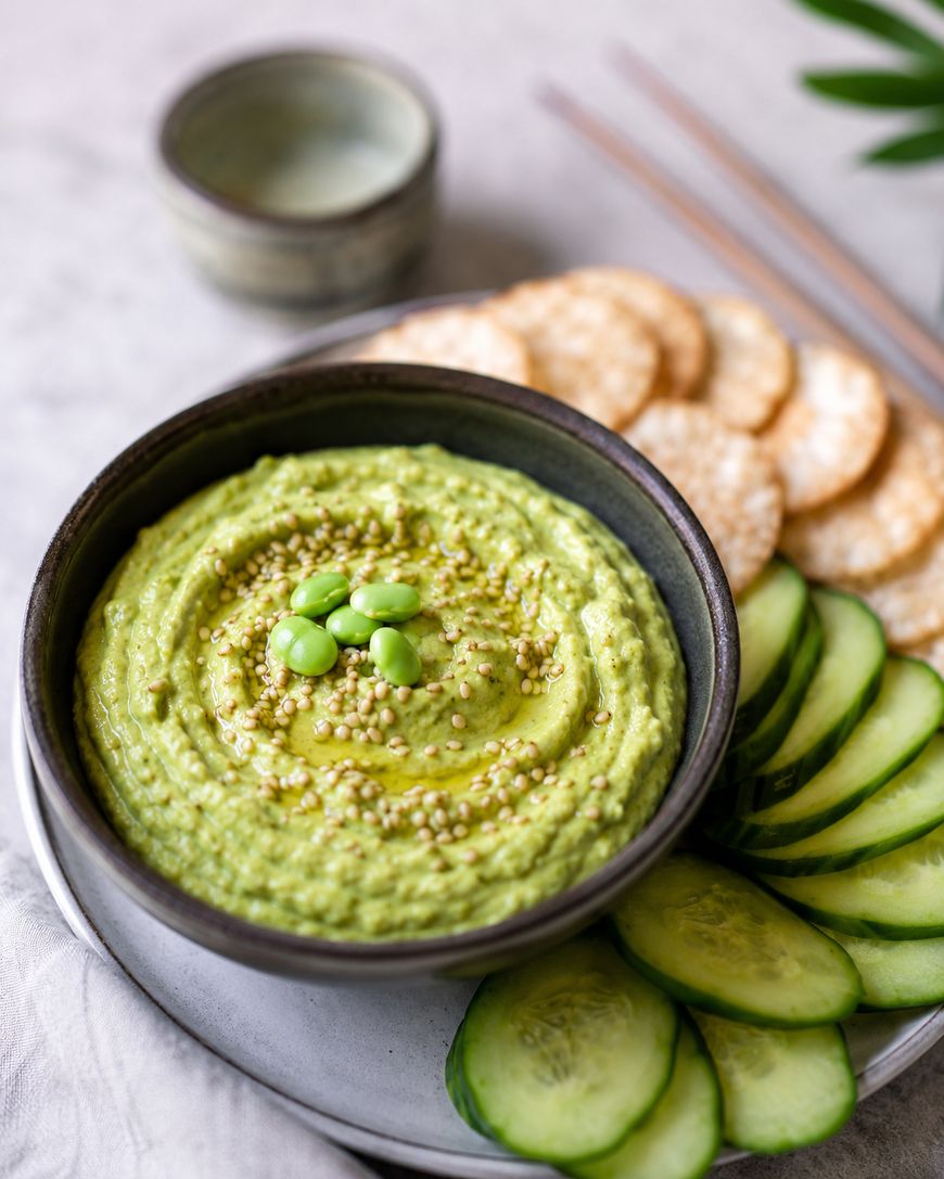 A bowl of green hummus garnished with edamame beans and seeds, surrounded by sliced cucumbers and round crackers on a plate, with chopsticks and a small cup in the background.
