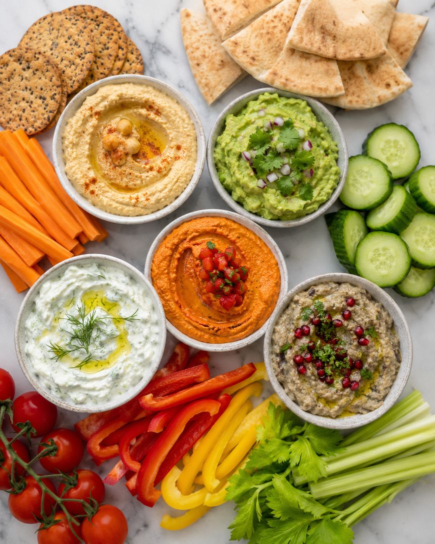An assortment of colorful dips in bowls, including hummus, guacamole, tzatziki, and others, surrounded by pita bread, crackers, cucumber slices, carrot sticks, celery, cherry tomatoes, and bell pepper strips on a marble surface.