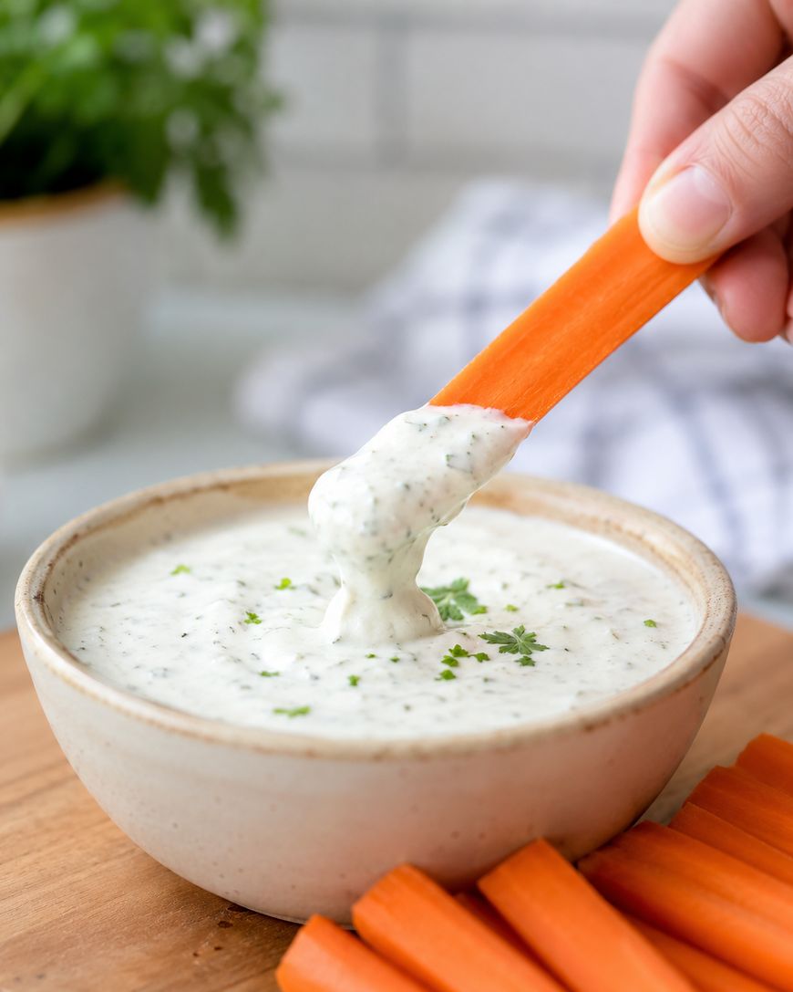 A hand dips a carrot stick into a bowl of creamy ranch dip, garnished with chopped herbs, with more carrot sticks and a blurred plant in the background.