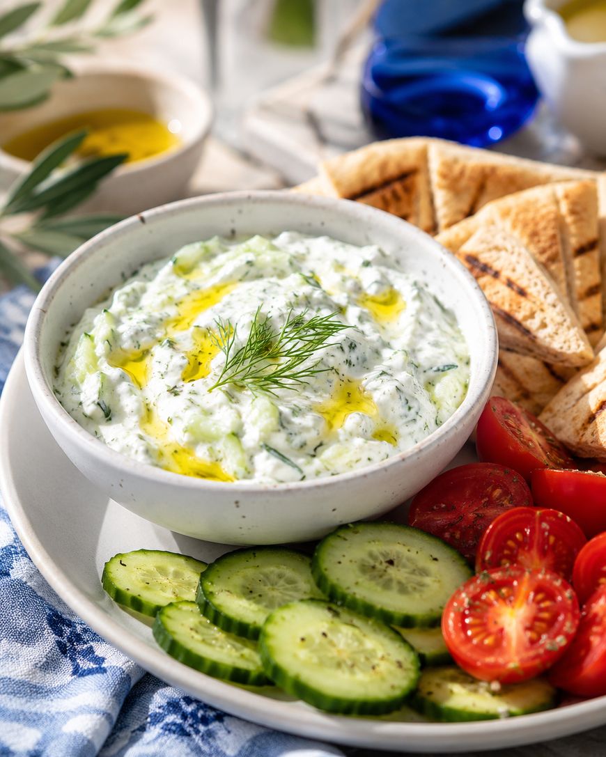 A bowl of tzatziki dip topped with olive oil and dill is served with sliced cucumbers, cherry tomatoes, and pieces of grilled pita bread on a white plate.