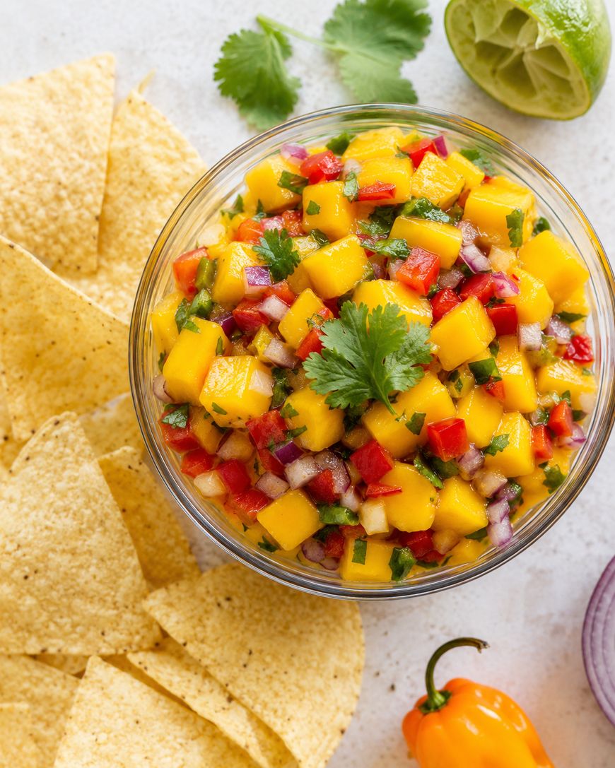 A bowl of colorful mango salsa with diced mango, red onion, red bell pepper, and cilantro, surrounded by tortilla chips, a halved lime, cilantro leaves, and a whole habanero pepper on a light surface.