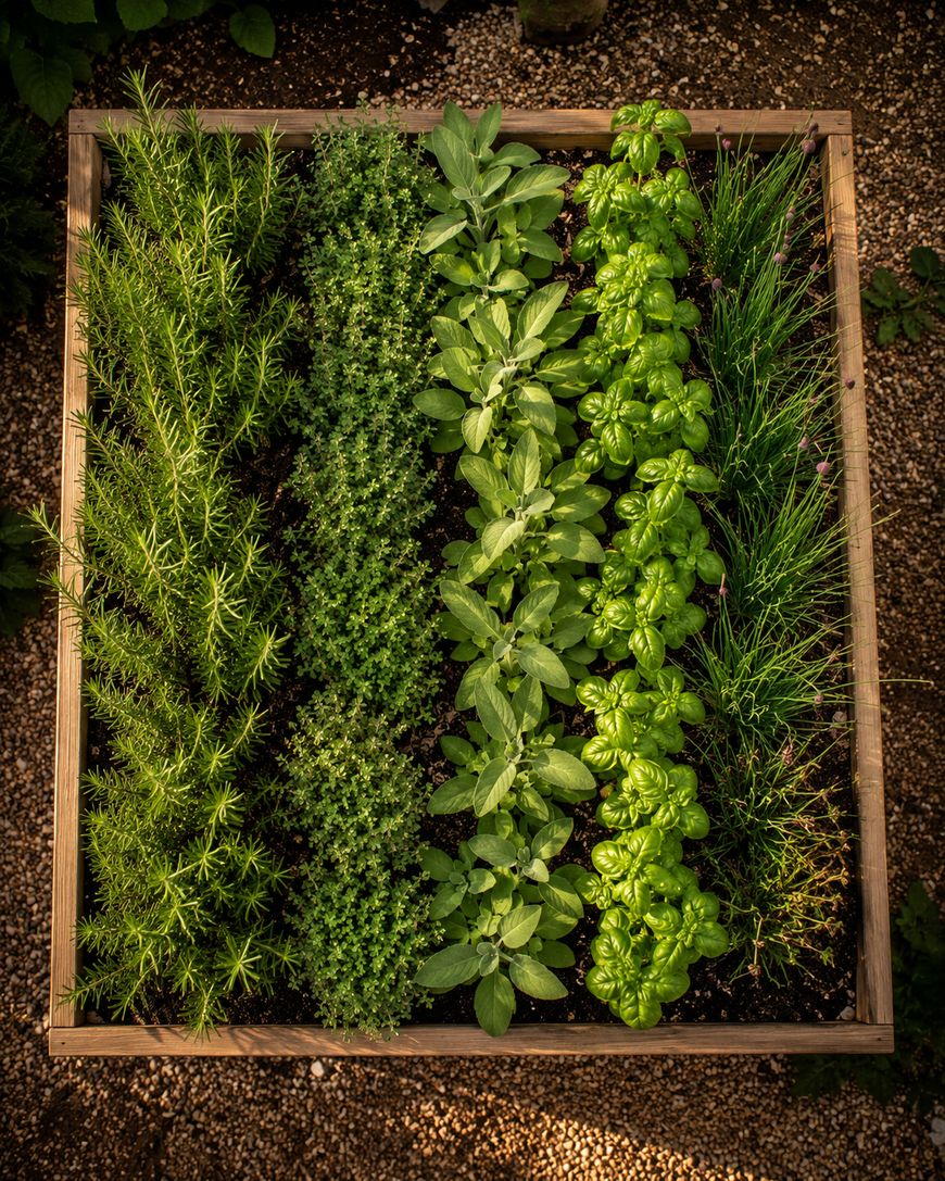 A raised garden bed viewed from above, with neatly organized rows of various herbs, including rosemary, thyme, sage, basil, and chives, all growing in rich soil surrounded by a wooden frame.