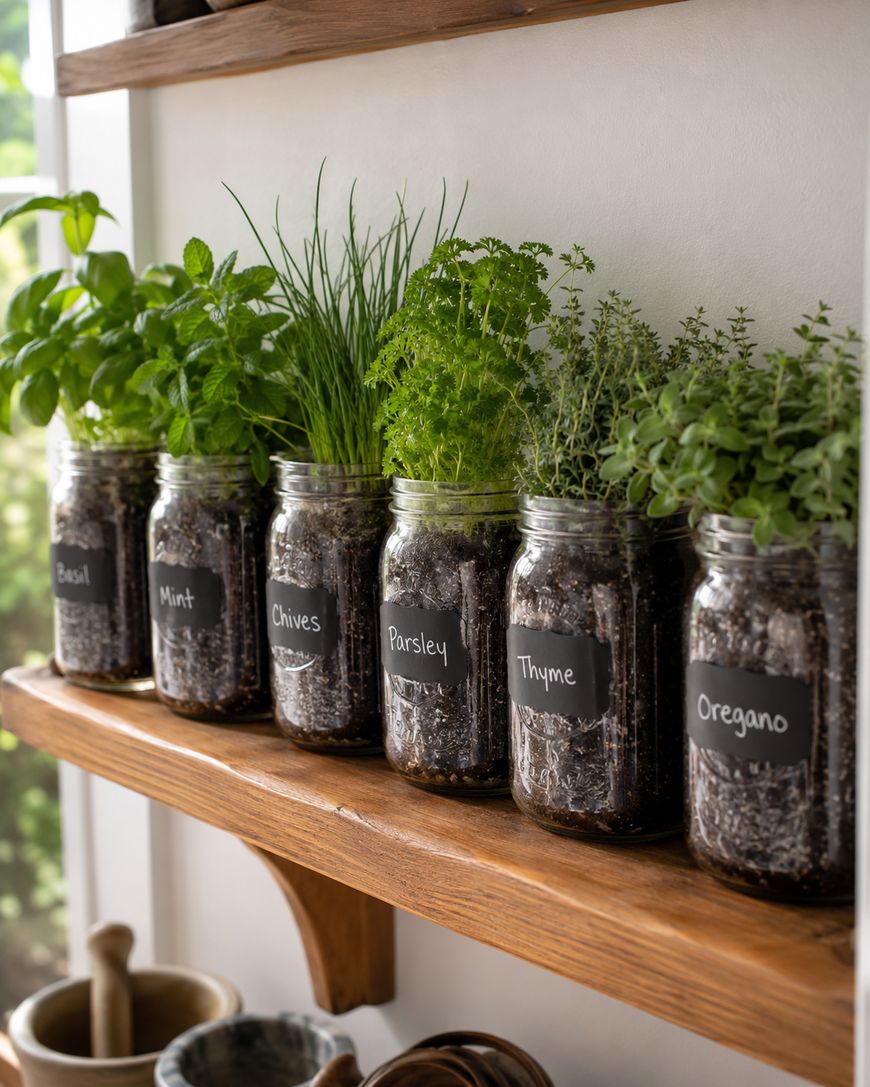 Six glass jars labeled basil, mint, chives, parsley, thyme, and oregano are lined up on a wooden shelf, each jar containing soil and a growing herb plant. A window and other kitchen items are visible in the background.