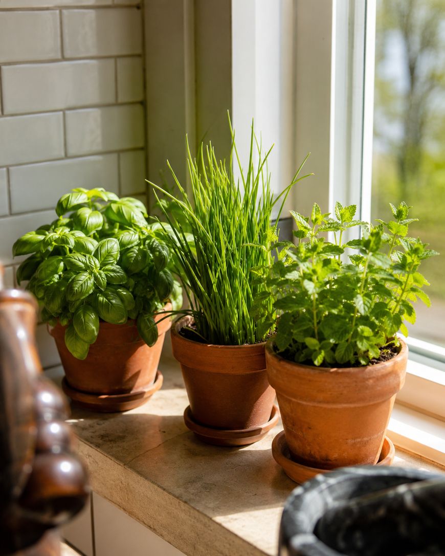 Three potted herbs—basil, chives, and mint—sit on a sunny windowsill in terracotta pots, with sunlight streaming in and white tiles in the background.