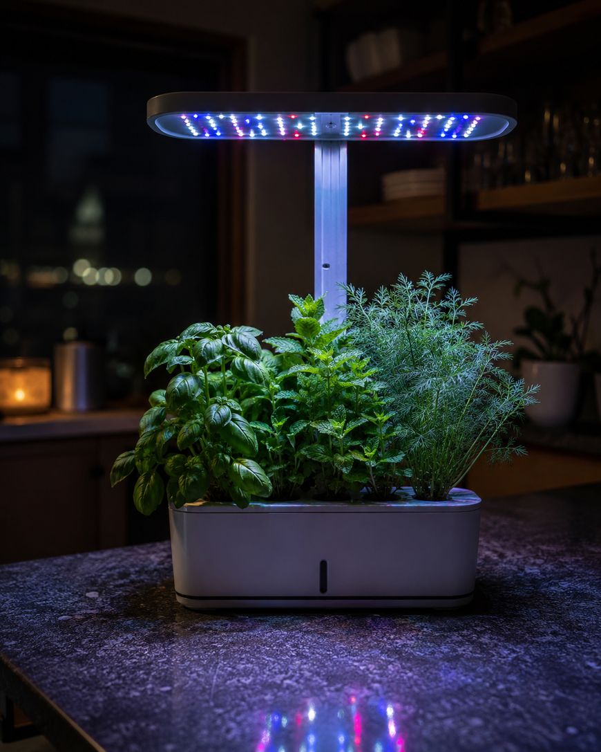 A countertop indoor herb garden with basil, mint, and dill grows under an LED grow light, emitting blue, red, and white light, in a modern kitchen at night.