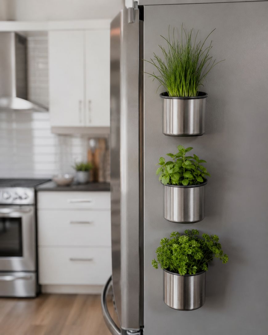 Three stainless steel planters with fresh green herbs are magnetically attached to the side of a refrigerator in a modern kitchen with white cabinets and a stove in the background.