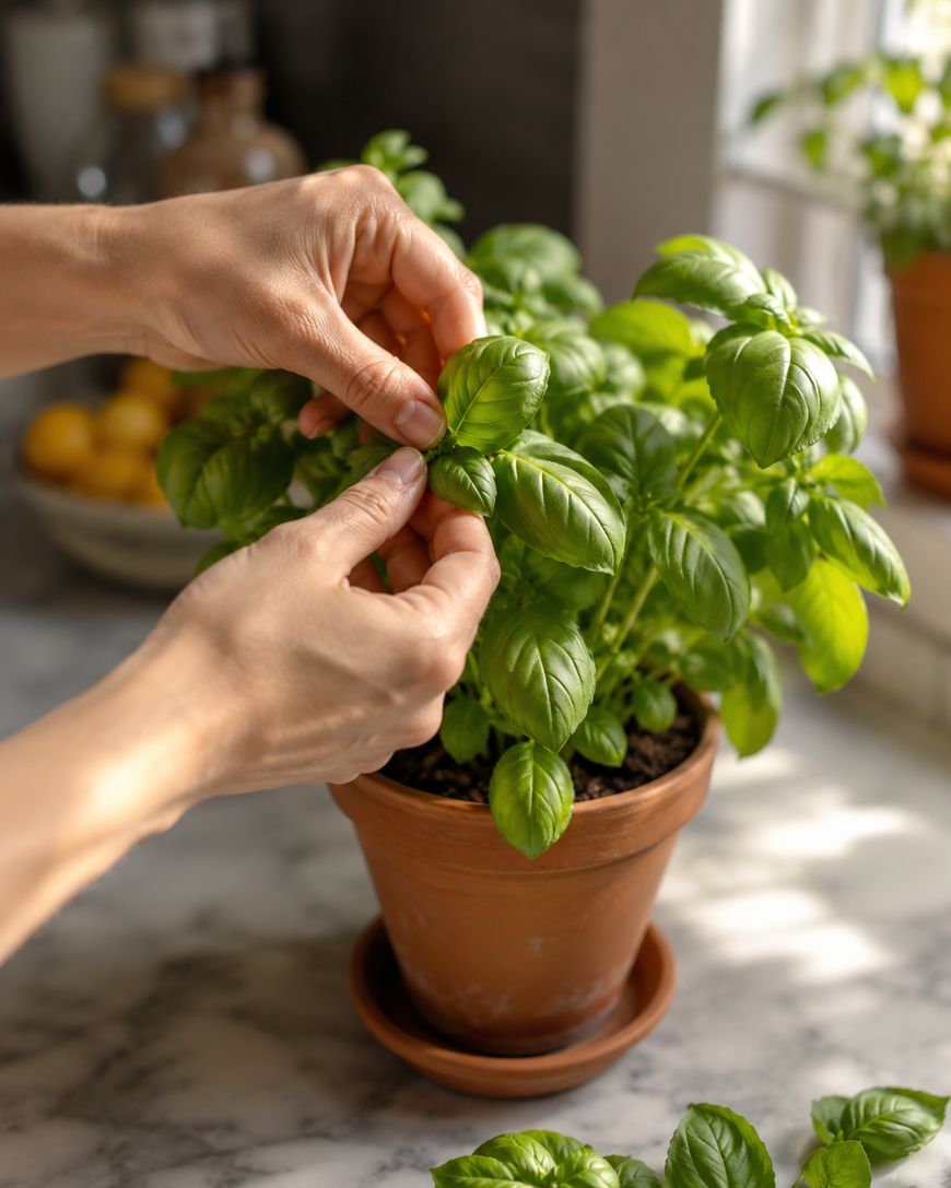 A person gently picking leaves from a healthy basil plant in a terracotta pot placed on a marble countertop, with sunlight streaming through a nearby window.