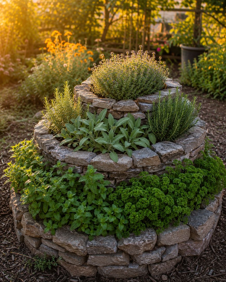 A three-tiered spiral herb garden made of stacked stone, with lush green herbs growing on each level, is bathed in warm sunlight in an outdoor garden setting.
