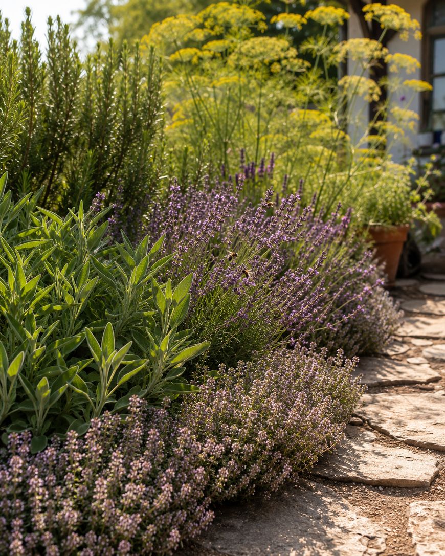 A sunlit garden features lush green herbs and flowering lavender along a stone pathway, with yellow fennel flowers and a potted plant visible in the background.