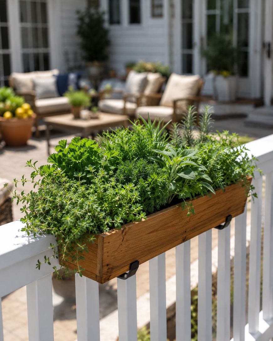 A wooden planter box filled with lush green herbs is attached to a white porch railing, overlooking a cozy patio area with outdoor furniture and potted plants in the background.