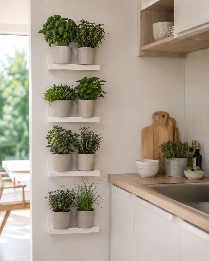 Four white wall shelves in a bright kitchen hold small potted herbs in light gray pots. The shelves are beside a sink and wooden countertop, with a window showing greenery outside.
