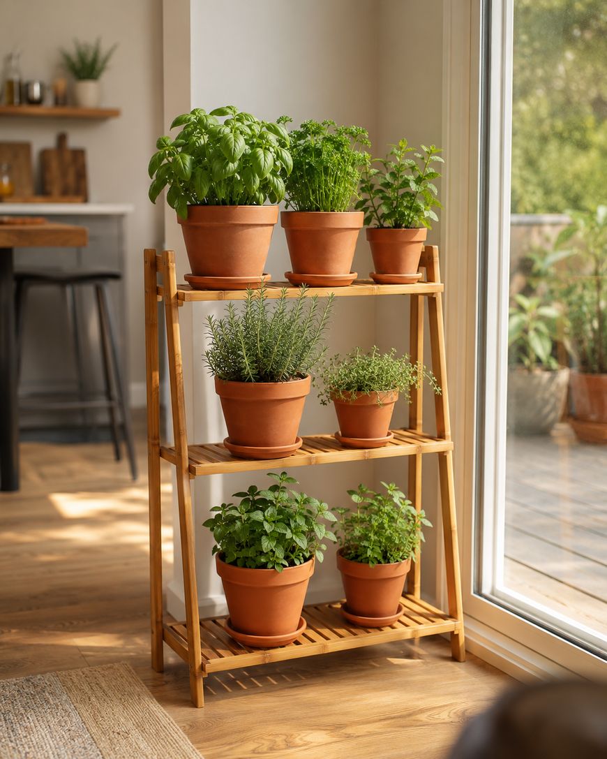 A wooden three-tier shelf holds six terracotta pots filled with different green herbs, placed by a large window with sunlight streaming in. The indoor scene has a cozy, natural atmosphere.