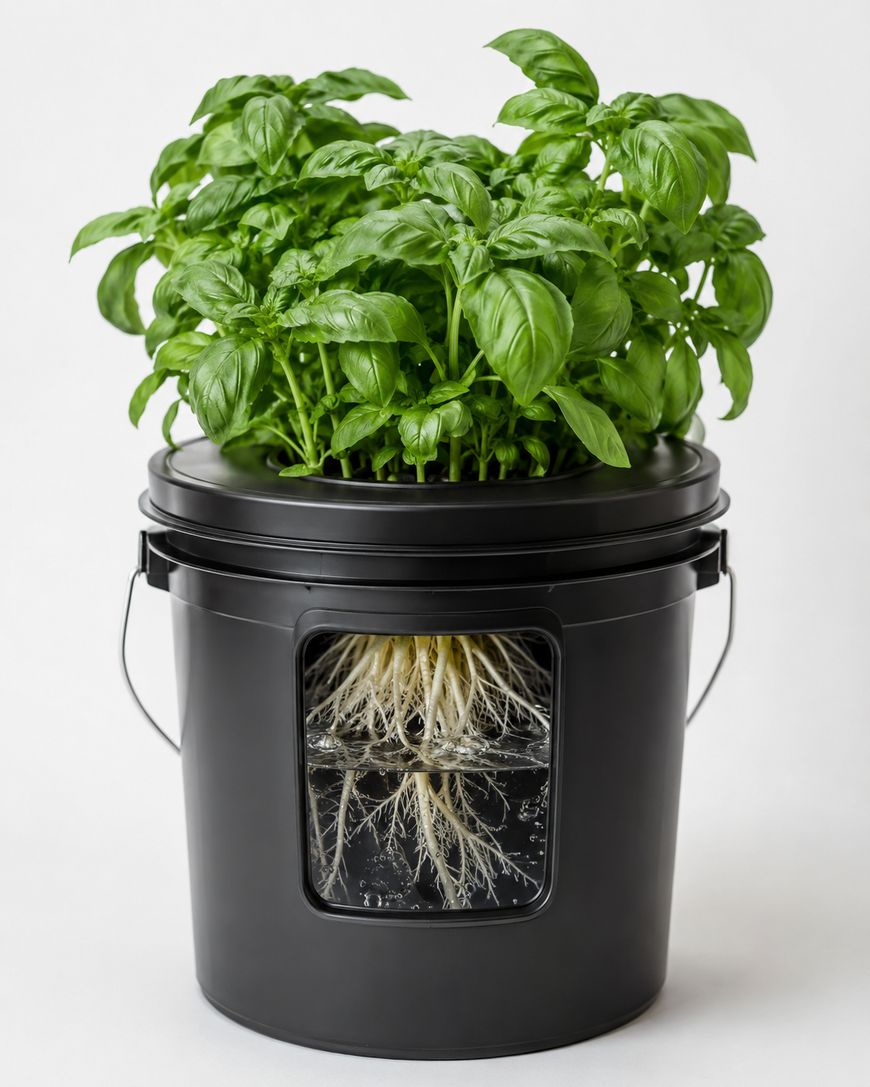 A black plastic bucket with a window showing basil plant roots growing in water, while lush green basil leaves grow from the top.