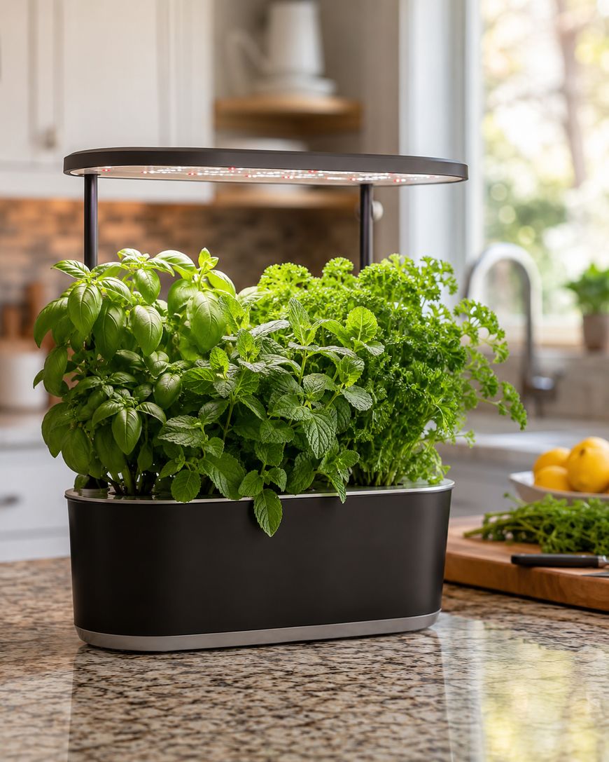 A black indoor herb garden with LED grow lights sits on a kitchen counter, filled with lush green basil, mint, and parsley plants. In the background, there are lemons and kitchen utensils near a window.