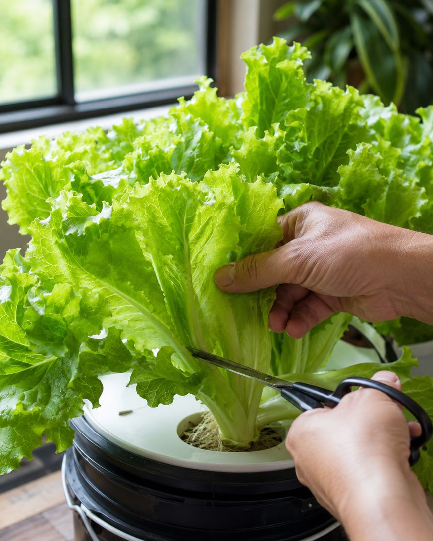 A person uses scissors to harvest fresh green lettuce leaves from a hydroponic system indoors near a window.