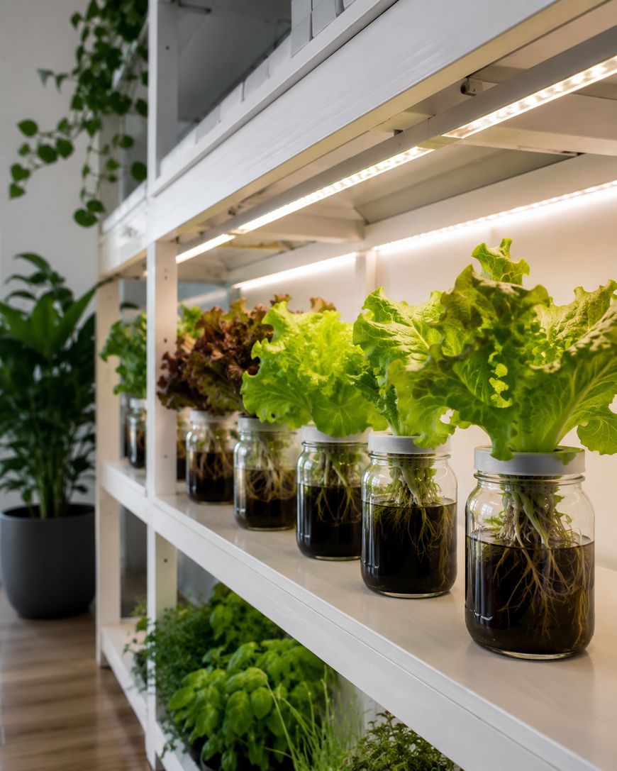 Shelves display rows of leafy green and red lettuce growing in glass jars filled with water, under bright LED lights. In the background, potted green plants sit on a wooden floor near a white wall.