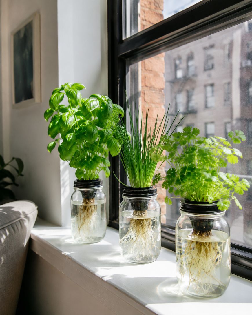 Three mason jars filled with water sit on a sunny windowsill, each holding a different herb plant—basil, chives, and cilantro—with visible roots growing in the clear jars.