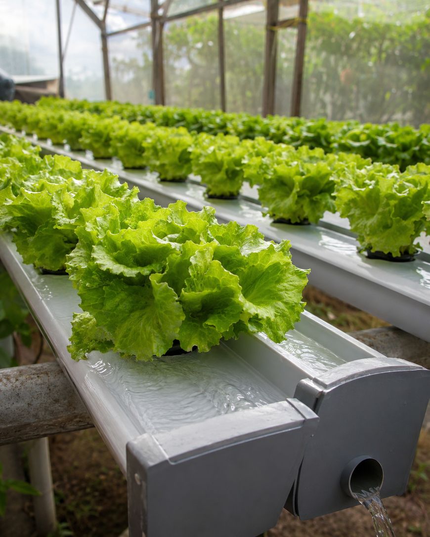 Rows of leafy green lettuce plants growing in a hydroponic system inside a greenhouse, with water flowing through white channels to nourish the plants.