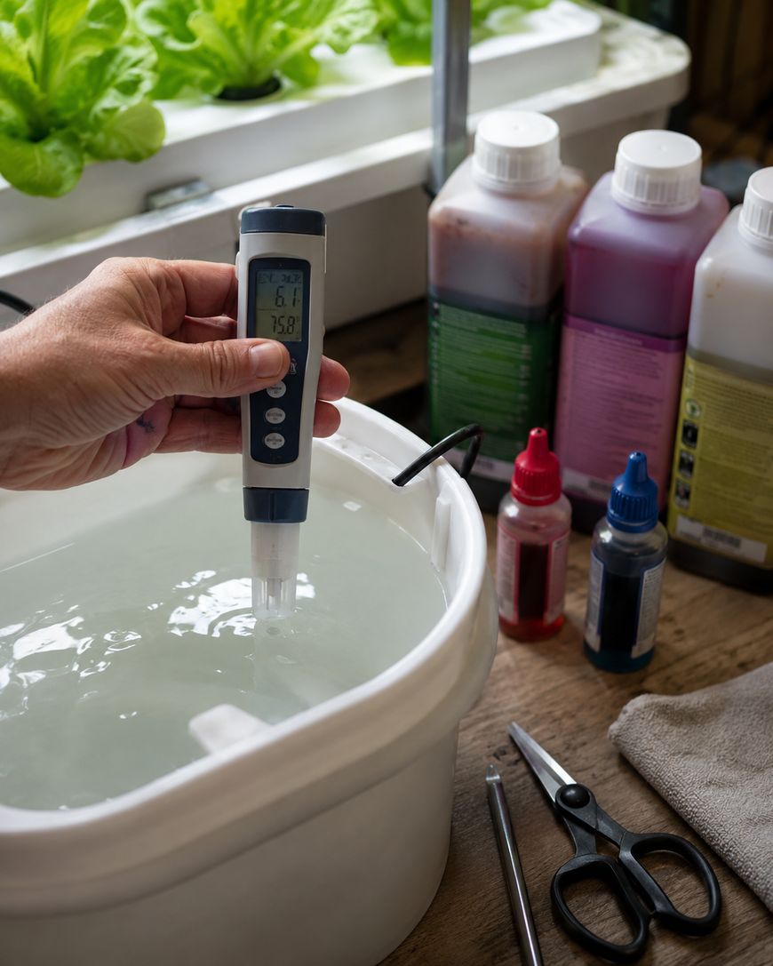 A hand holds a digital meter testing water in a white bucket, surrounded by nutrient bottles, pH test solutions, scissors, and a towel. Leafy plants grow in the background, suggesting a hydroponic setup.