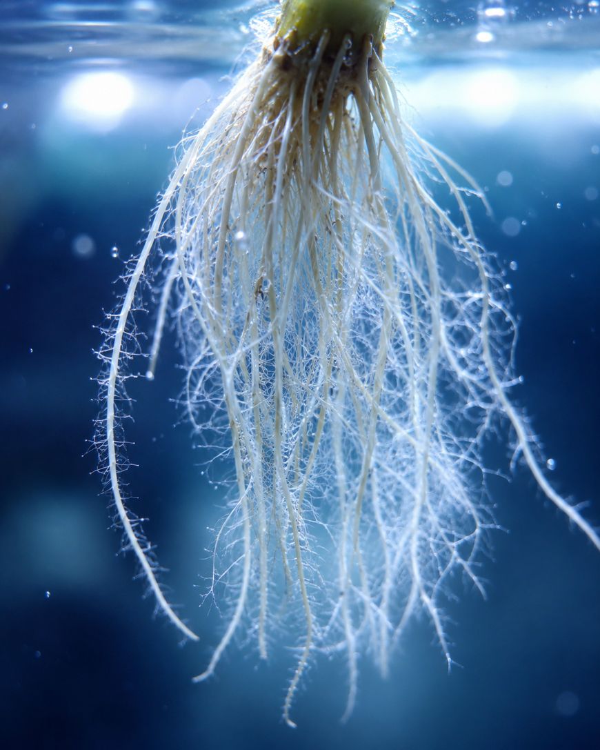 A close-up of plant roots suspended in water, with fine white root hairs spreading out against a blue, out-of-focus background. The roots appear healthy and intricate, highlighting underwater hydroponic growth.