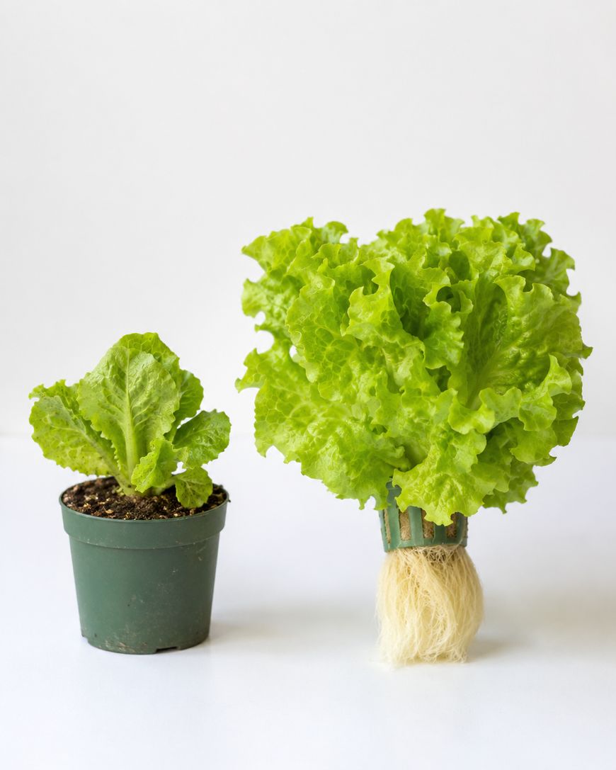A small lettuce plant in soil in a pot sits next to a larger, leafy lettuce grown hydroponically with visible white roots, both against a plain white background.