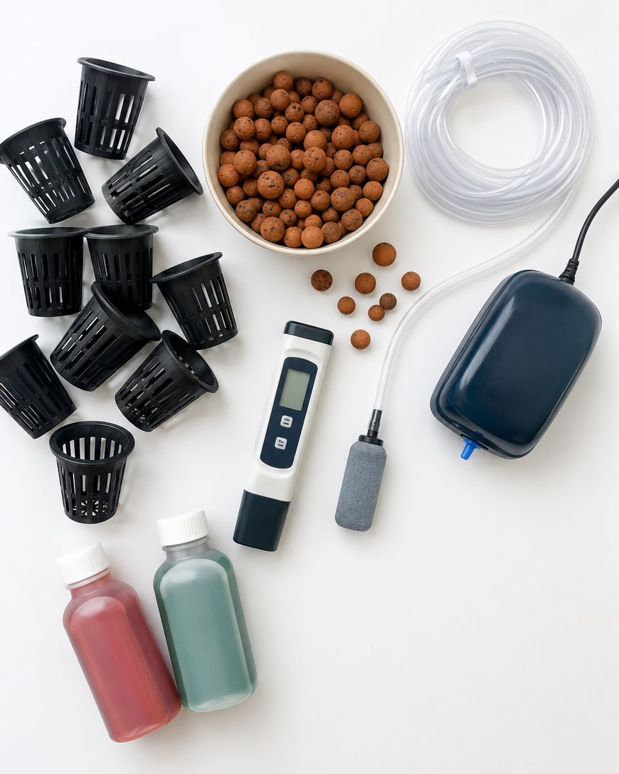 Hydroponic supplies, including net pots, a bowl of clay pebbles, a digital meter, tubing, an air pump with a stone, and two bottles of nutrient solution, arranged on a white surface.