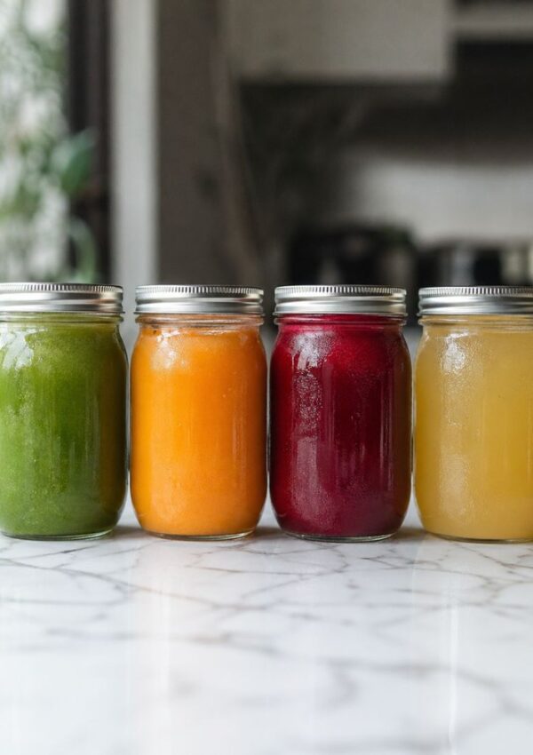 Four mason jars filled with colorful homemade juices—green, orange, red, and yellow—are lined up on a white marble countertop with a blurred indoor background, perfect inspiration for your next beginner juices or juicer recipes.