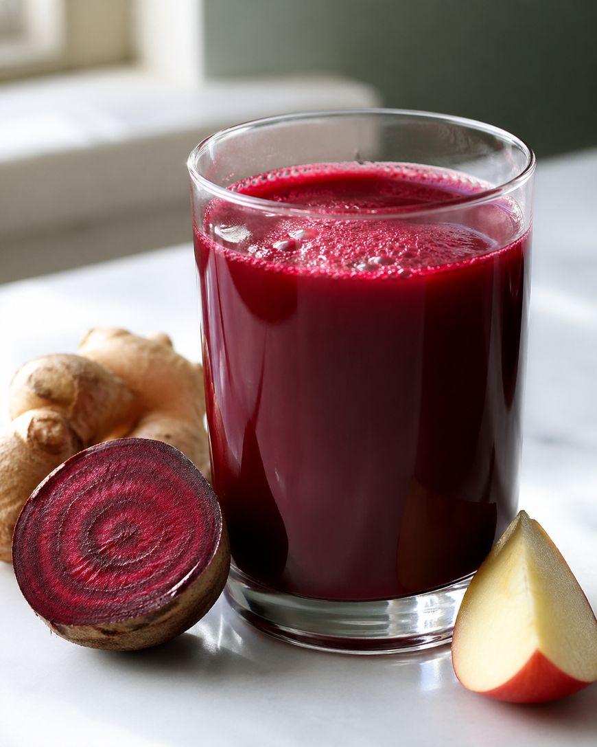 A glass of deep red beet juice sits on a white surface, next to a sliced beet, a piece of ginger root, and an apple wedge.