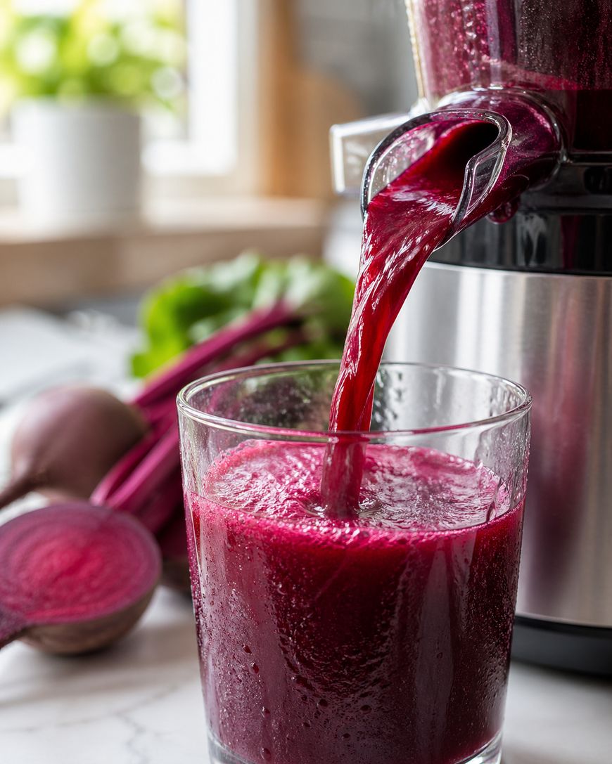 A glass is being filled with fresh beet juice from a juicer, with whole and sliced beets visible in the background on a kitchen counter.