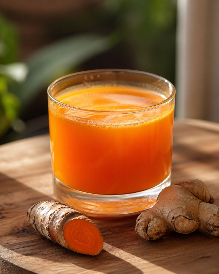 A glass of orange-colored juice sits on a wooden surface next to fresh turmeric and ginger roots, with greenery blurred in the background.