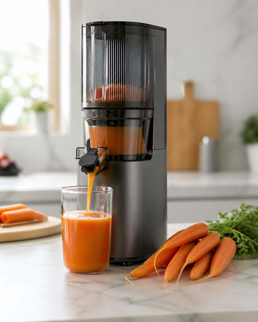 A juicer on a kitchen counter dispenses fresh carrot juice into a glass, with whole carrots placed beside it and more on a cutting board in the background.