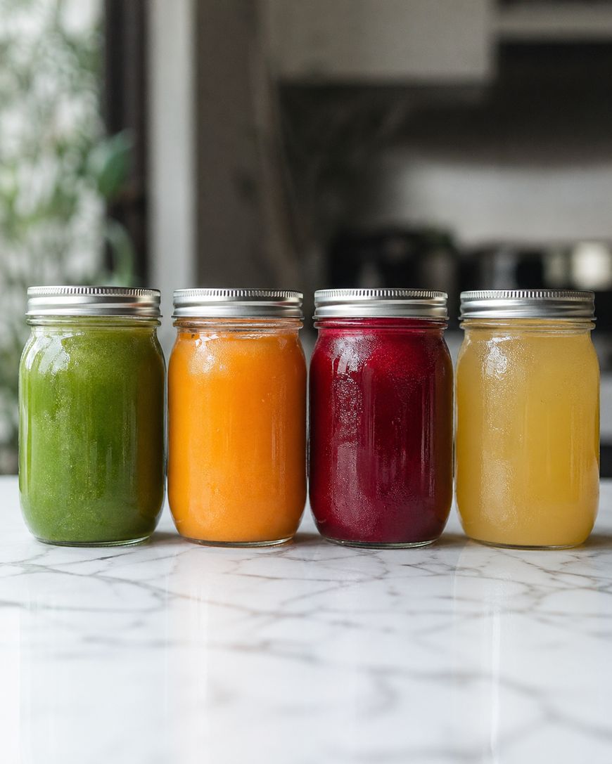 Four mason jars filled with different colored juices—green, orange, red, and yellow—are lined up on a marble countertop with a blurred kitchen background.