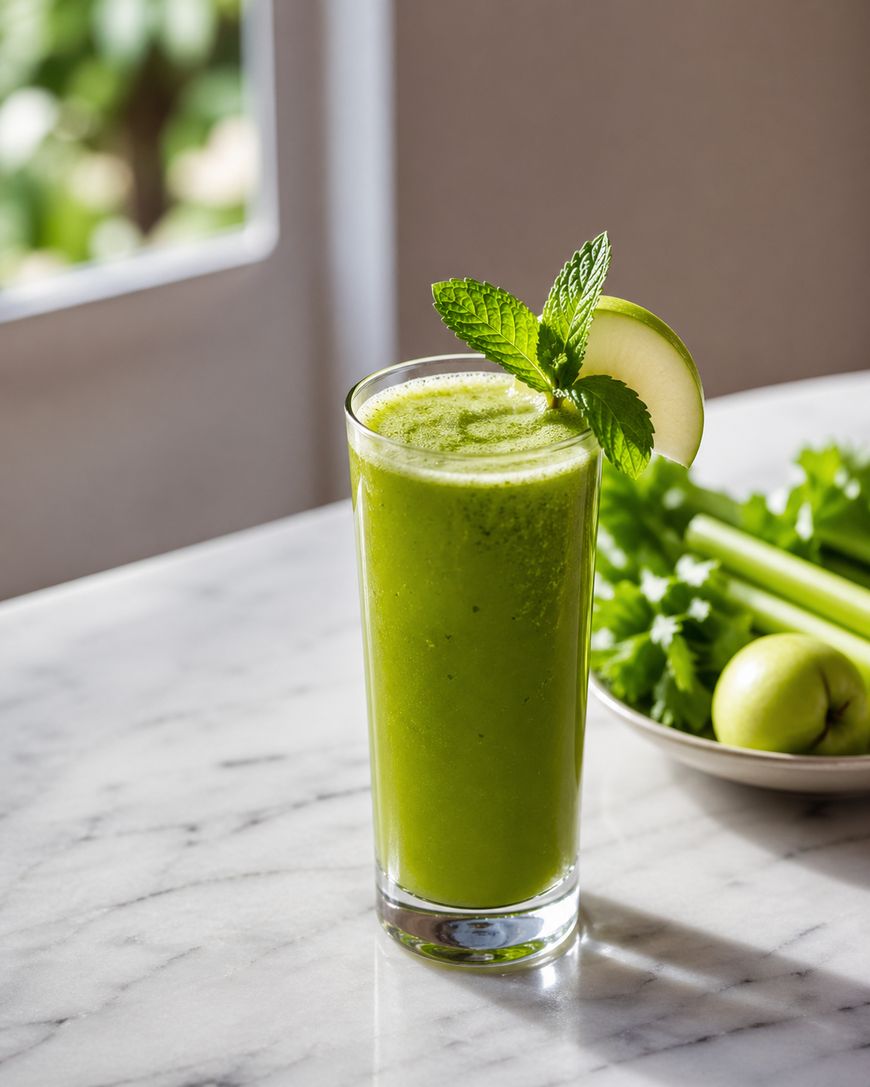 A tall glass of green juice garnished with a mint sprig and an apple slice sits on a marble table. In the background are celery stalks and a green apple on a plate.