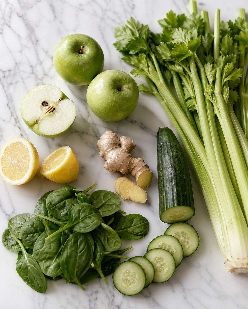 Fresh ingredients on a marble surface: whole and sliced green apples, celery stalks, lemon halves, ginger root with slices, a whole cucumber with slices, and a pile of spinach leaves.