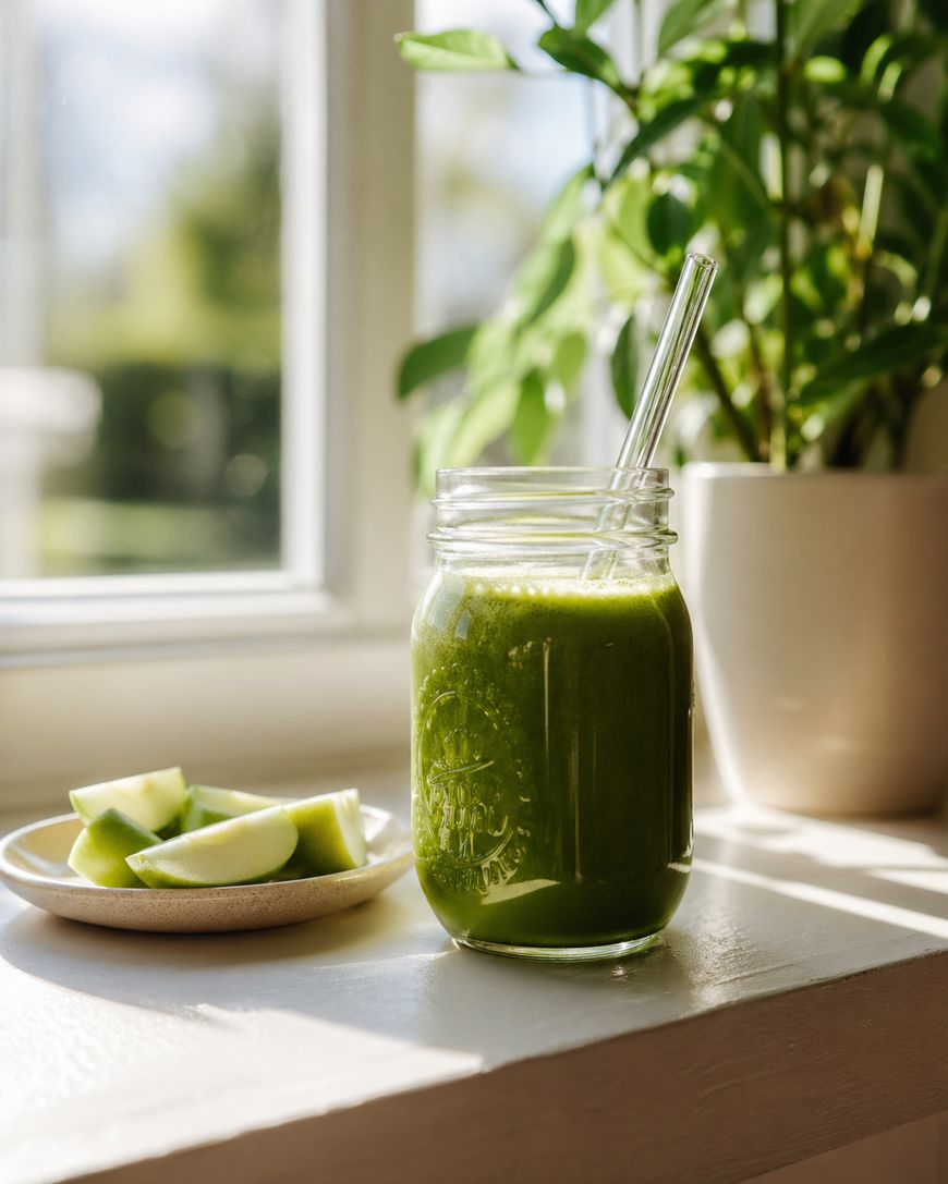 A glass jar filled with green juice and a glass straw sits on a windowsill next to a small plate of green apple slices. Sunlight streams through the window, and a leafy potted plant is in the background.