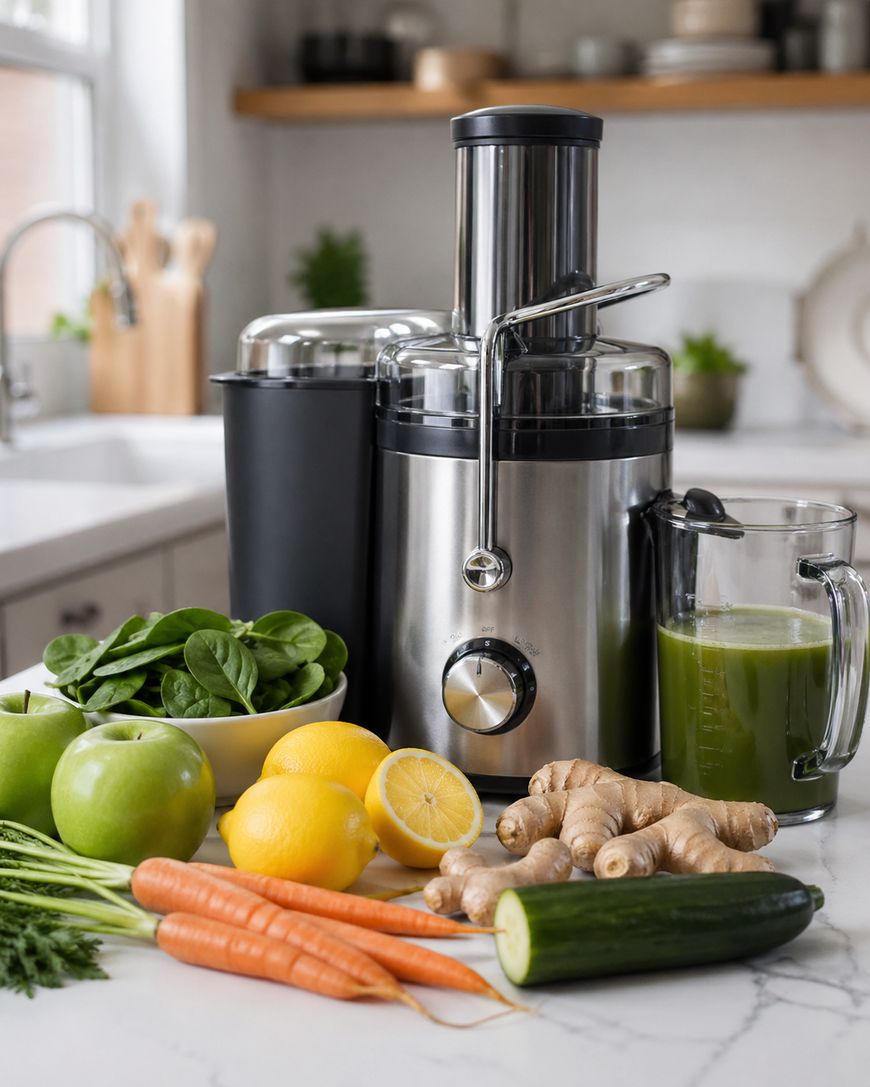 A juicer sits on a kitchen counter surrounded by fresh ingredients: spinach, green apples, lemons, ginger, carrots, and a cucumber. A pitcher of green juice is next to the juicer. The background shows a white kitchen.