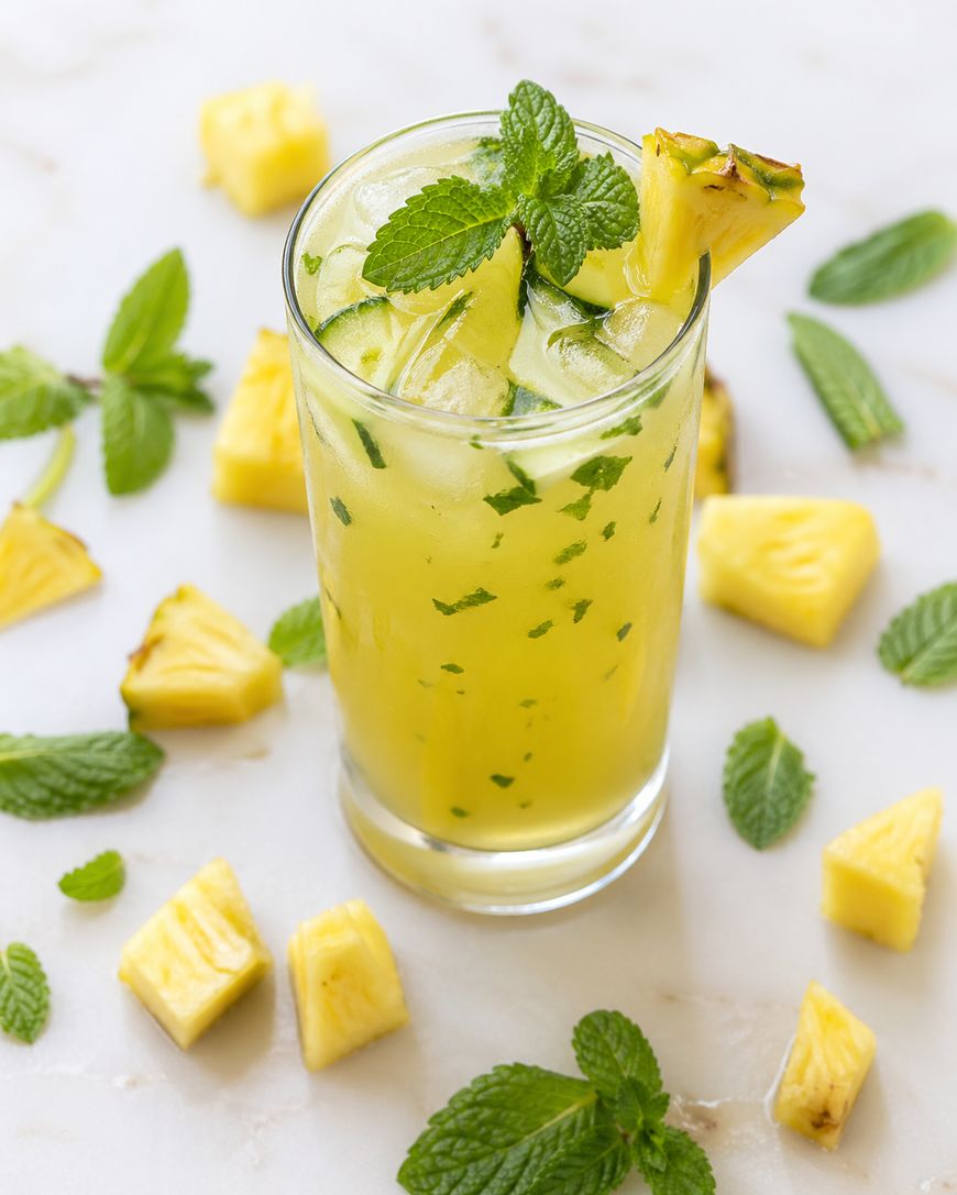 A glass of yellow pineapple mojito garnished with mint leaves and a pineapple wedge, surrounded by pineapple chunks and fresh mint leaves on a white surface.