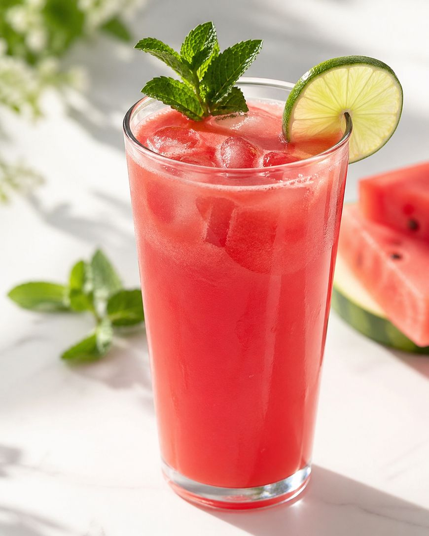 A tall glass of iced watermelon juice garnished with a lime slice and fresh mint leaves, with watermelon slices and mint sprigs in the background on a white surface.