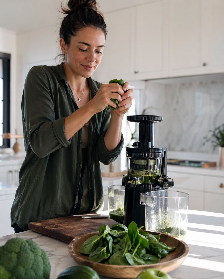 A woman in a green shirt smiles while putting fresh spinach leaves into a black juicer in a bright, modern kitchen. Spinach and green vegetables are on a wooden plate on the counter nearby.