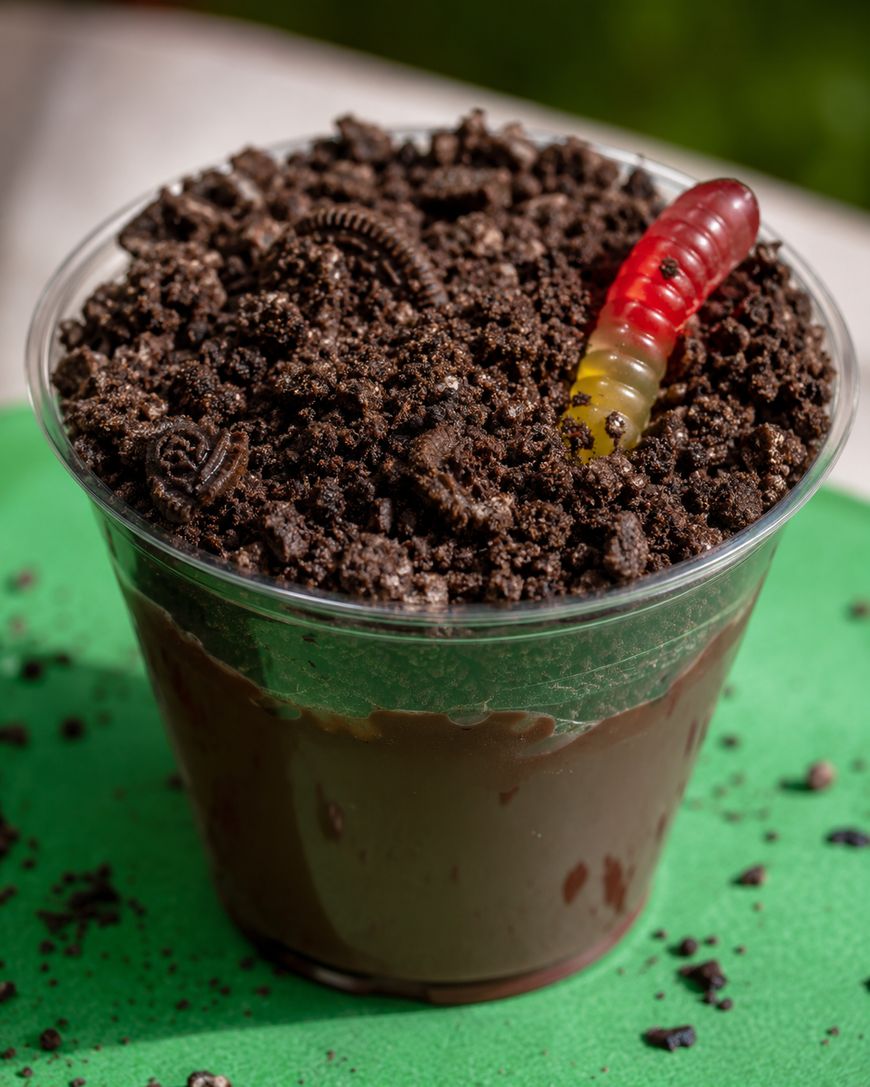 A clear plastic cup filled with chocolate pudding, topped with crushed chocolate cookies to resemble dirt, and garnished with a gummy worm partially buried in the cookie crumbs.