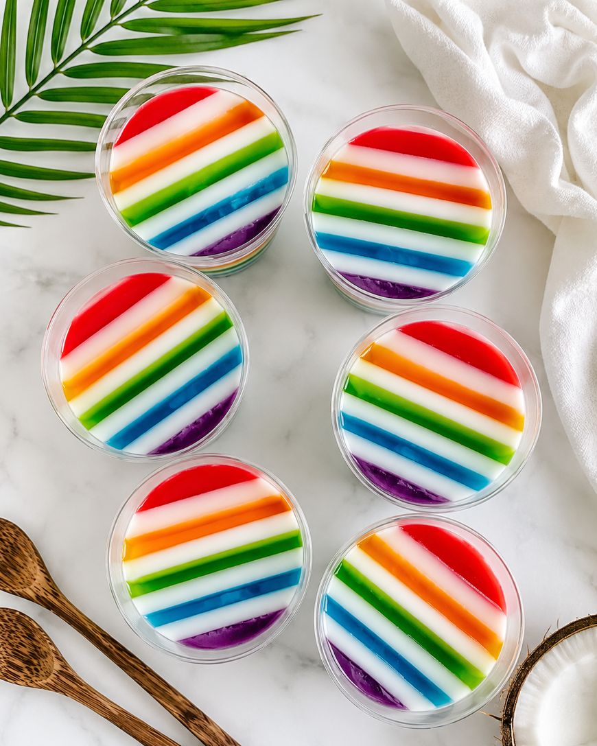 Six clear cups filled with colorful, layered rainbow jelly desserts are arranged on a marble surface. A green palm leaf, white cloth, and two wooden spoons are nearby for decoration.
