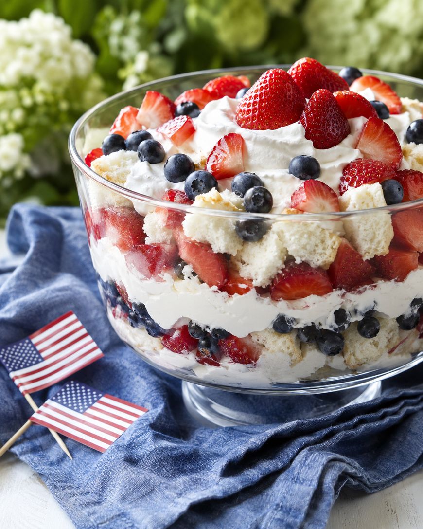 A glass trifle bowl filled with layers of whipped cream, blueberries, strawberries, and cake sits on a blue cloth, with small American flags beside it and greenery in the background.