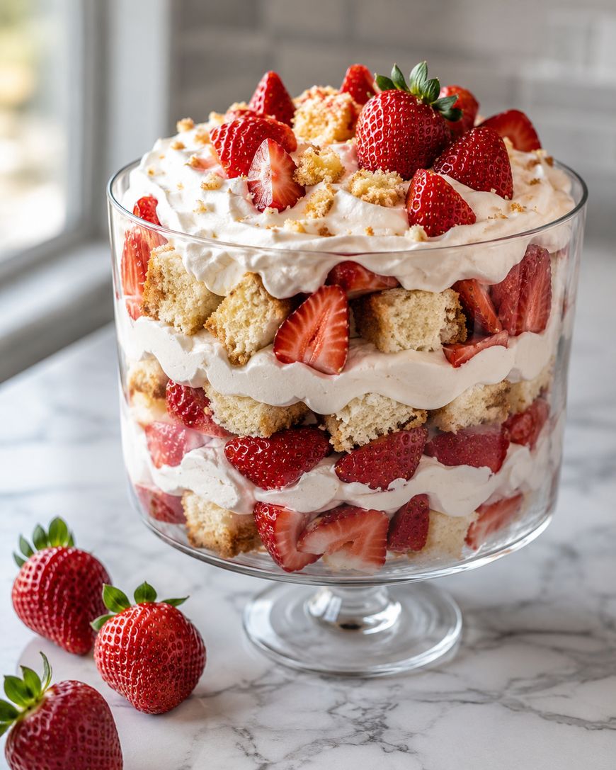 A glass trifle dish filled with layers of whipped cream, sliced strawberries, and chunks of cake, topped with whole strawberries and crumbs. Three fresh strawberries are placed on the marble countertop beside the dish.