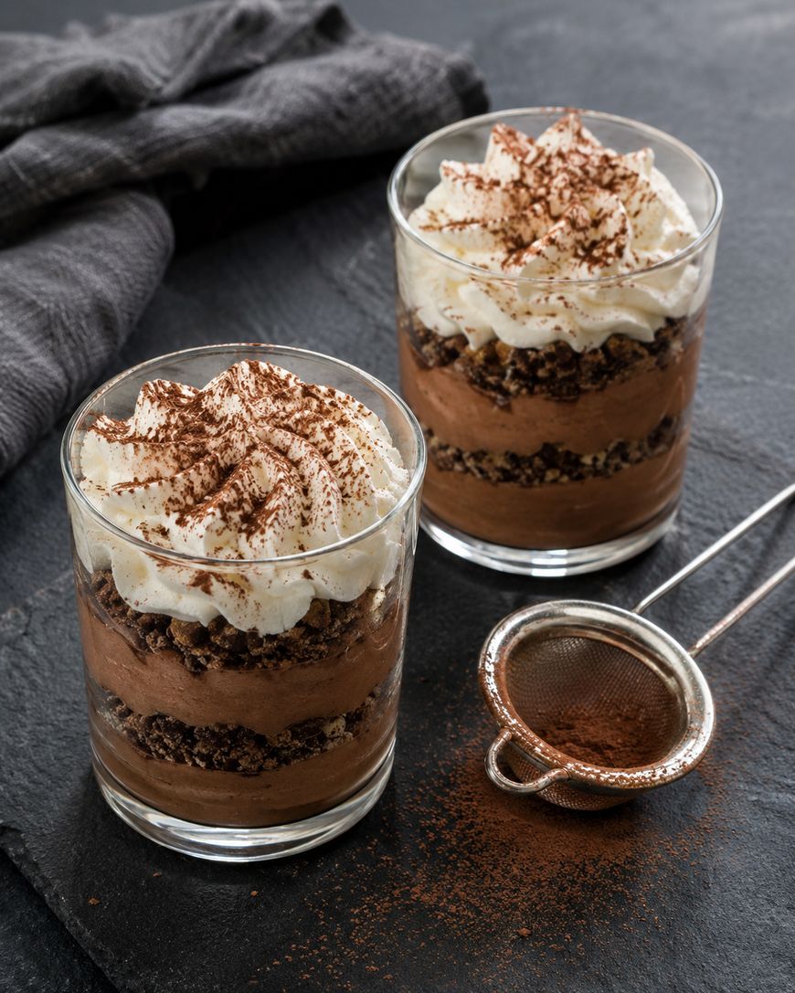 Two glass cups filled with layered chocolate mousse and whipped cream, topped with cocoa powder. A small metal sieve with cocoa powder is beside them on a dark slate surface, with a gray cloth in the background.