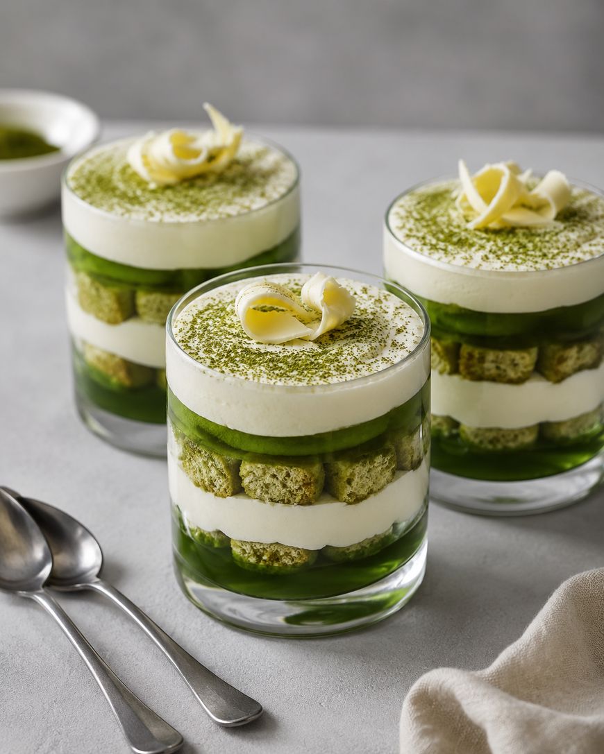 Three glasses of layered matcha tiramisu with green and white layers, topped with white chocolate curls and matcha powder. Two spoons and a napkin are placed nearby on a light gray surface.